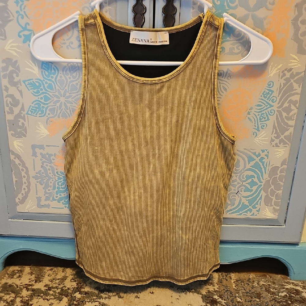 Zenana Outfitters Beige and Black Striped Tank Top